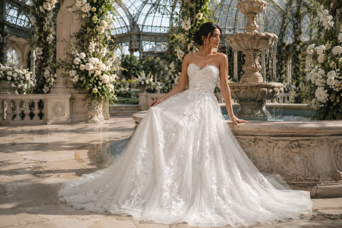 Lace applique strapless bridal gown
