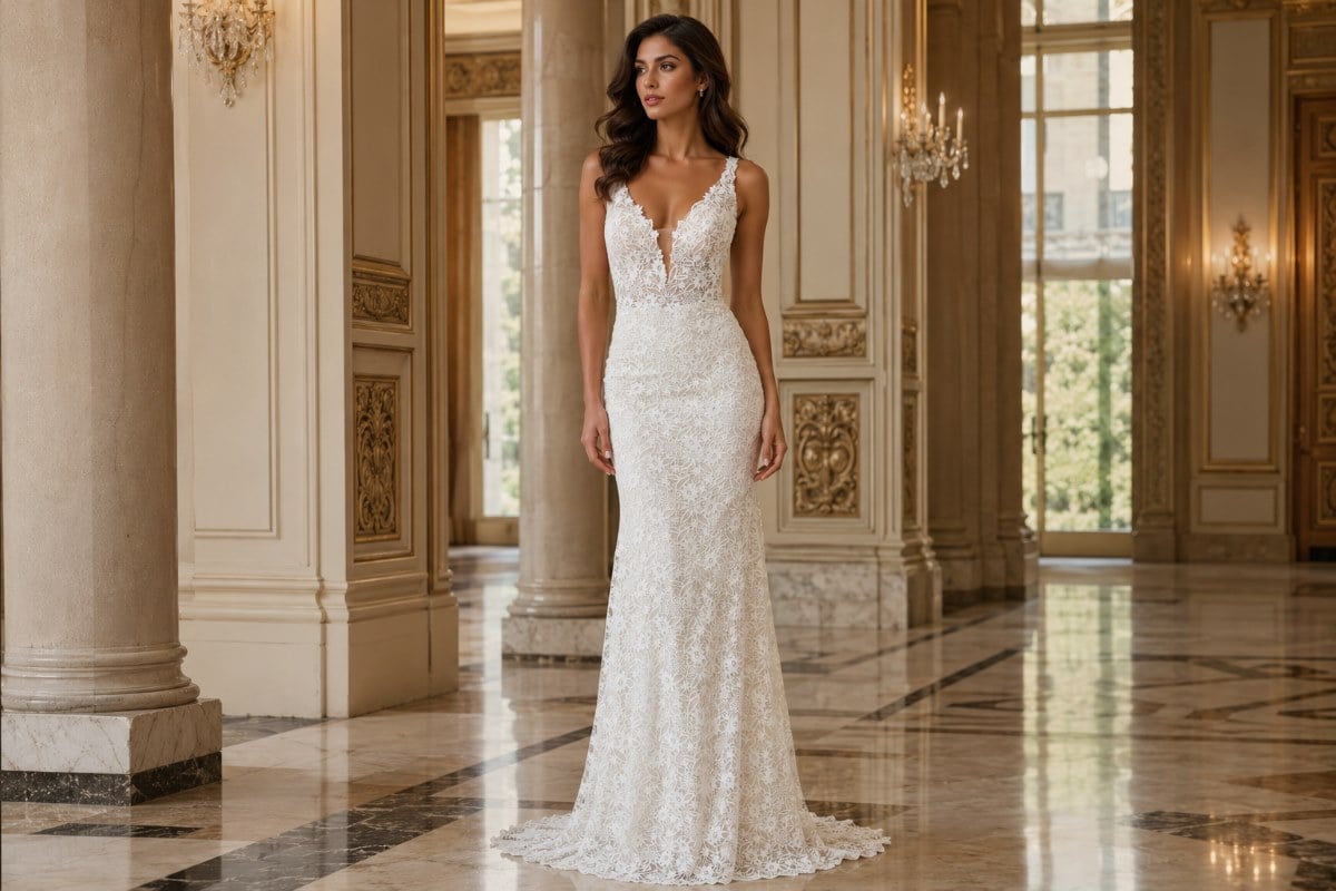 Lace fitted courthouse bridal gown indoors