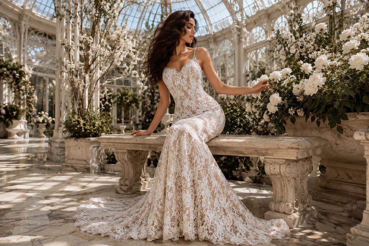 Lace mermaid wedding gown fabric details
