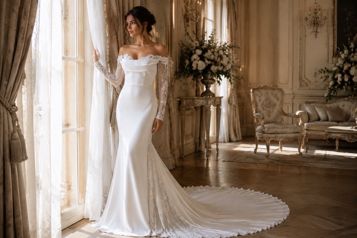 Lace sleeve cowl neck wedding gown