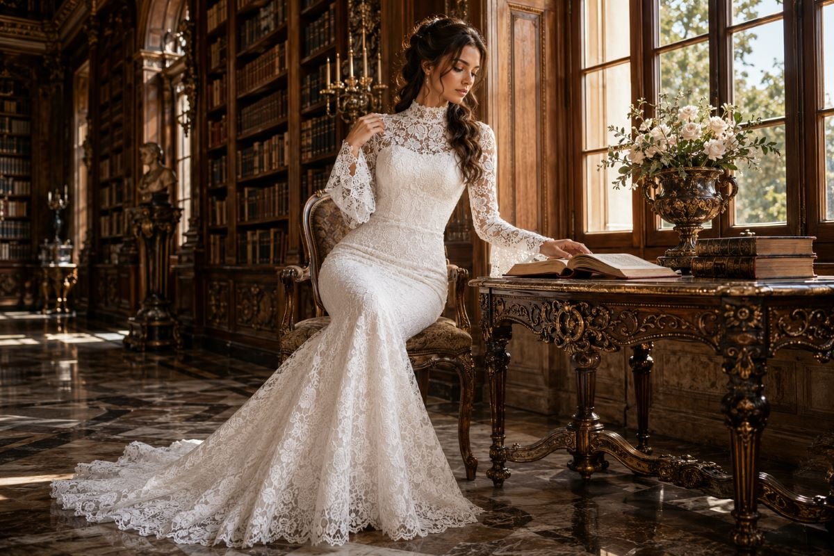 Elegant lace sleeve mermaid wedding gown