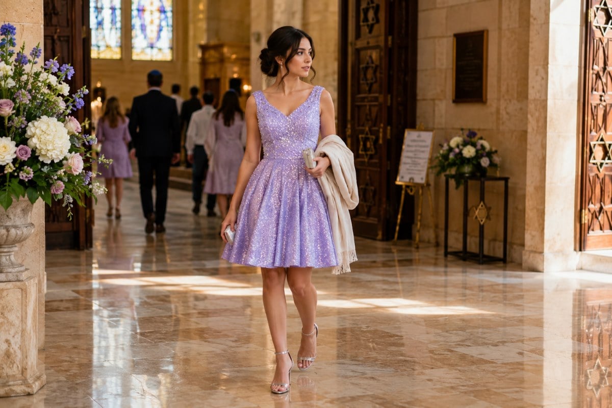 Lavender bat mitzvah guest dress at synagogue