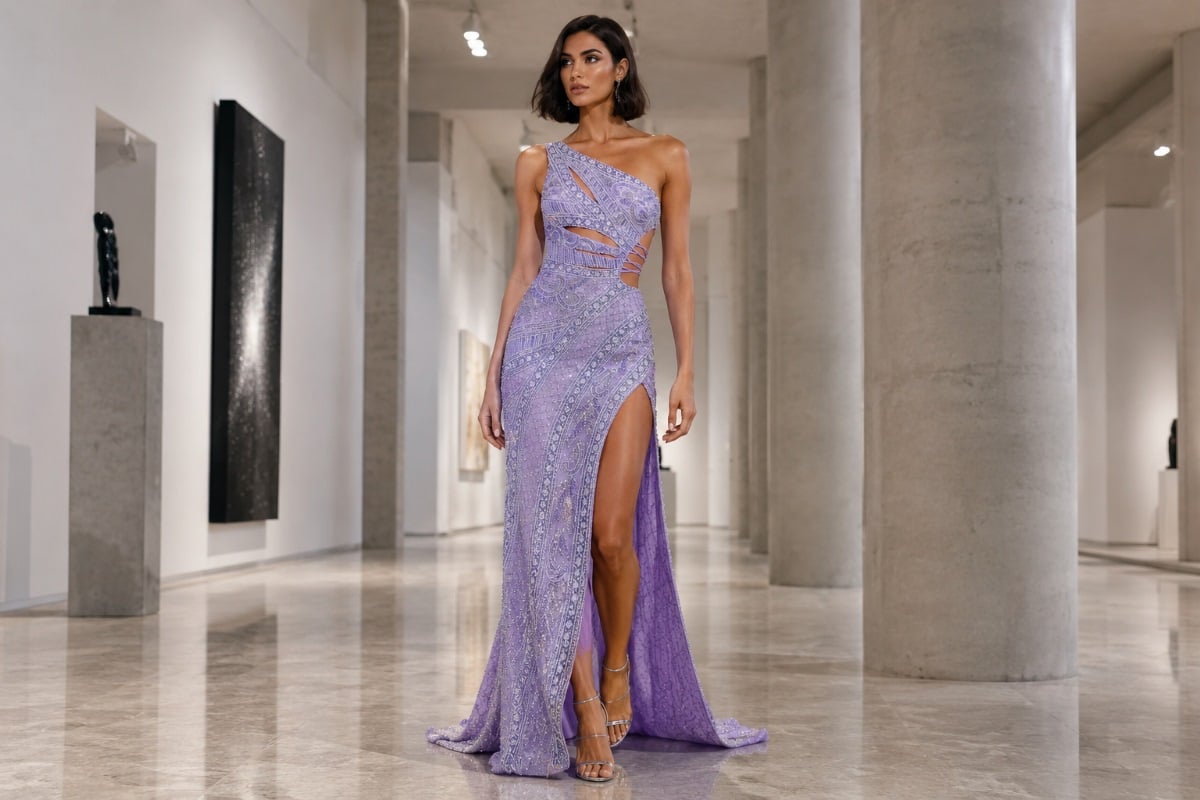 Lavender crystal column prom gown in modern gallery