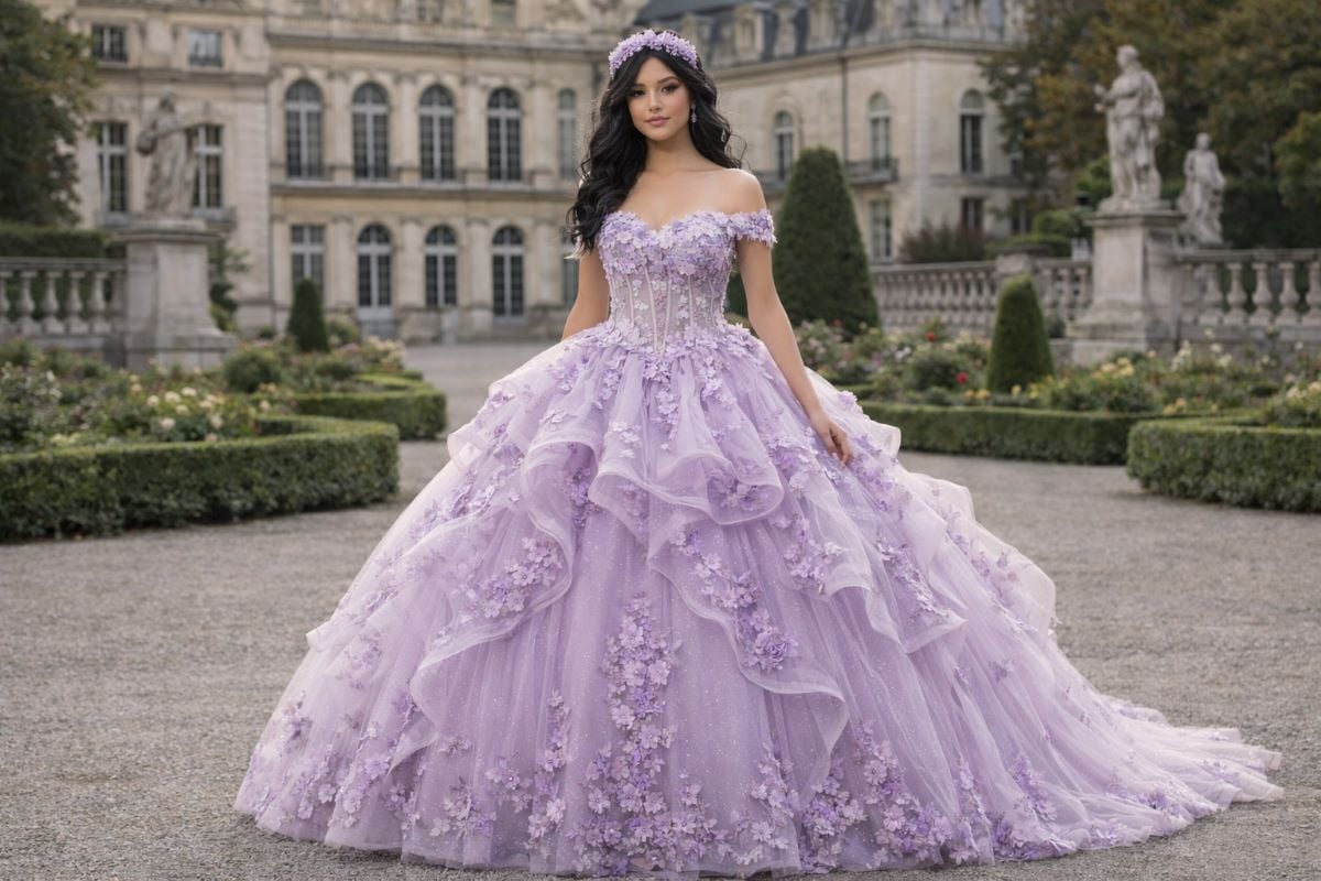 lavender designer quinceanera gown with layered ruffles