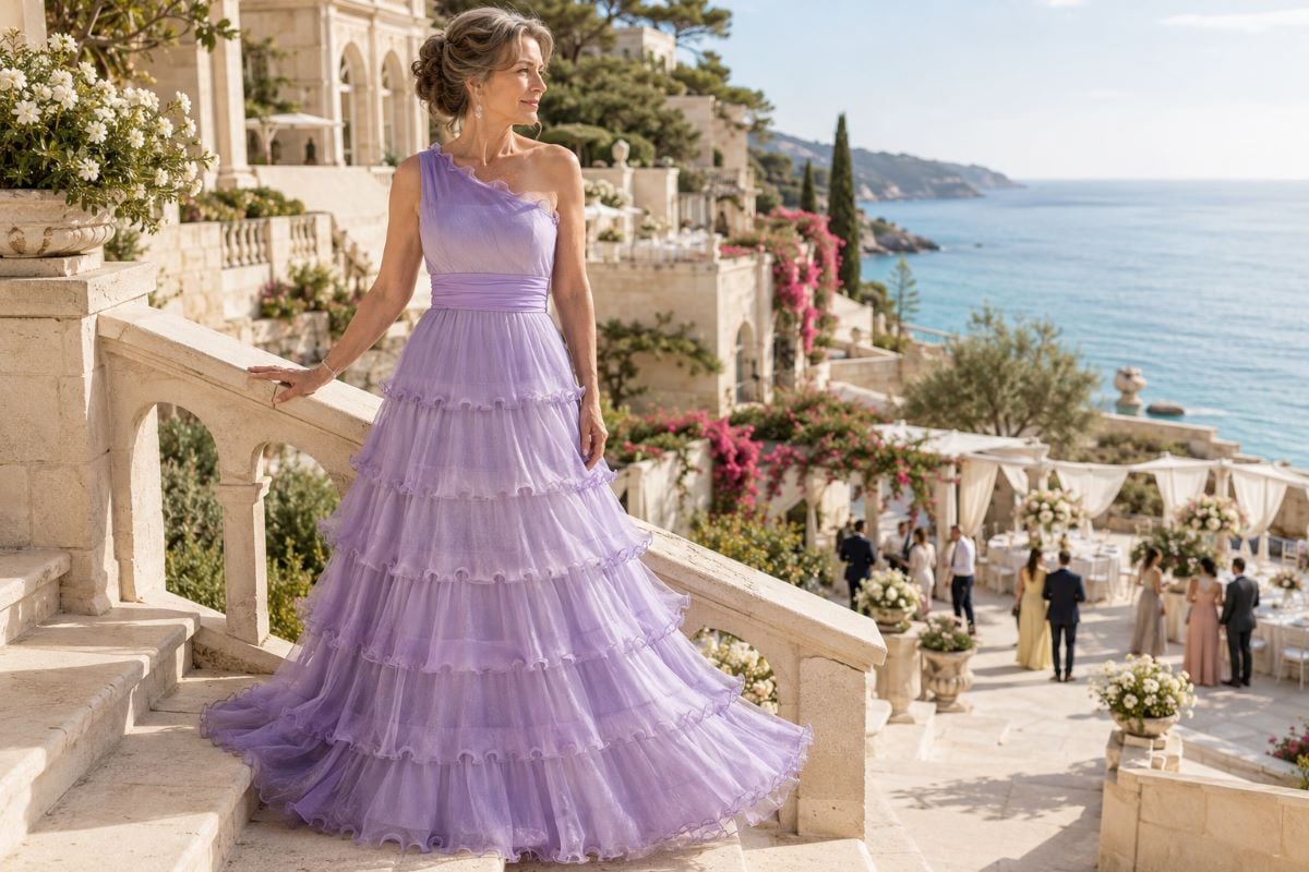 Lavender destination mother of bride gown