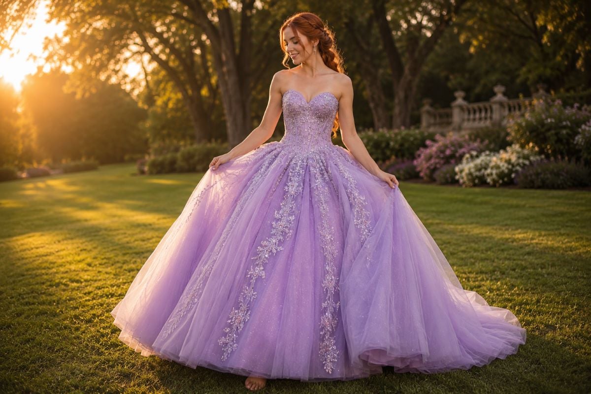 Lavender embellished quinceañera gown in sunset royal garden