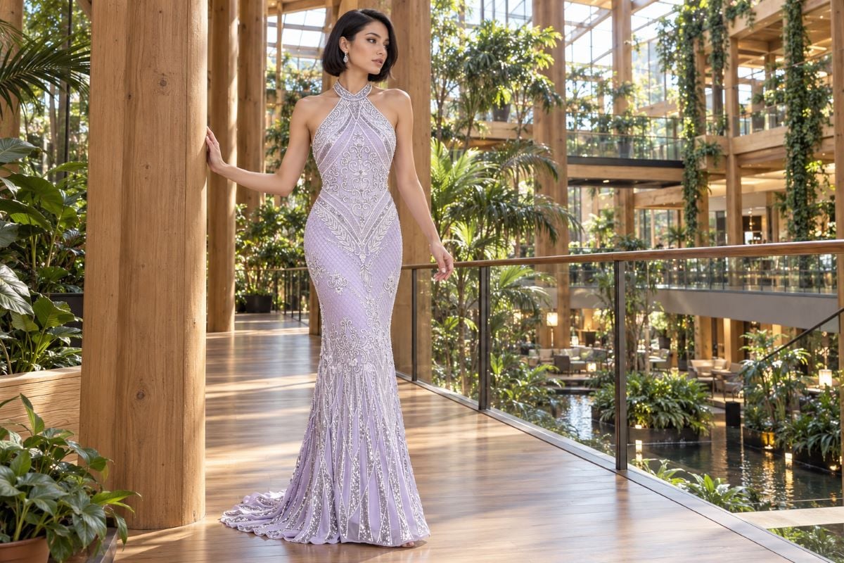 Lavender embellished sustainable prom dress editorial