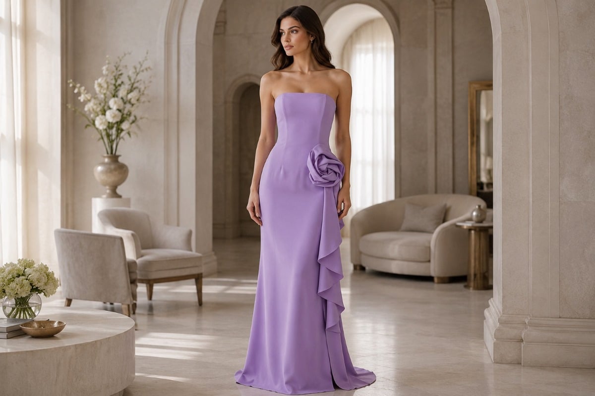 Lavender strapless evening gown for cool undertones and fair skin