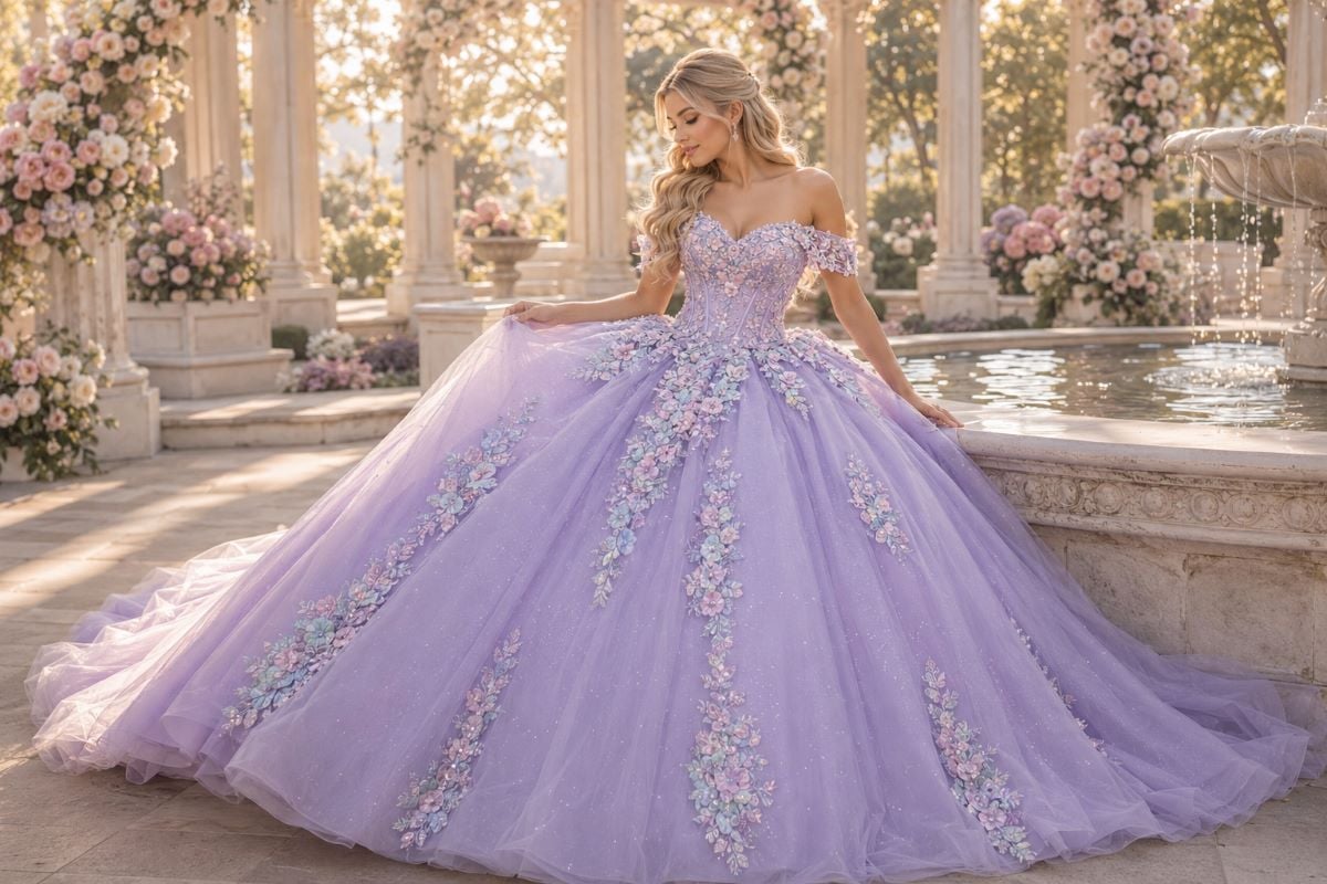 Lavender floral quinceañera gown in dreamy royal garden