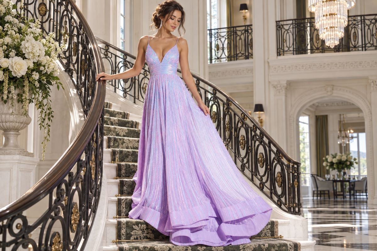 Lavender glitter editorial prom gown look