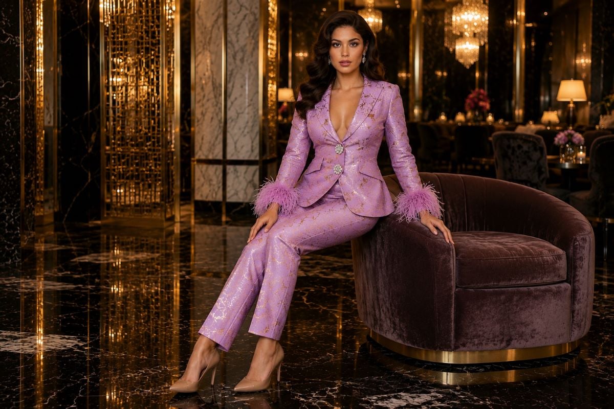 Lavender gold jacquard suit editorial