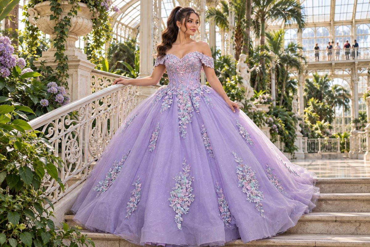 Lavender plus size quinceanera basque waist gown