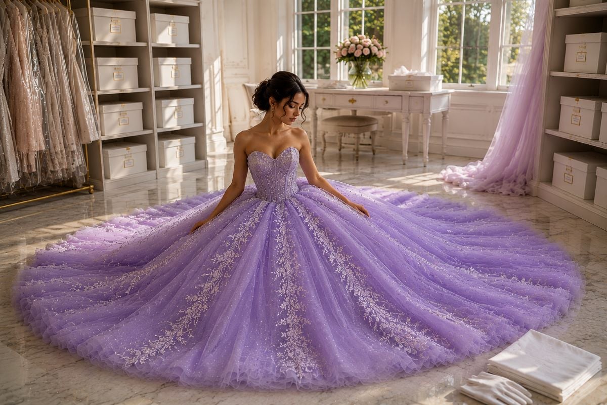Lavender quinceañera gown archival storage preparation