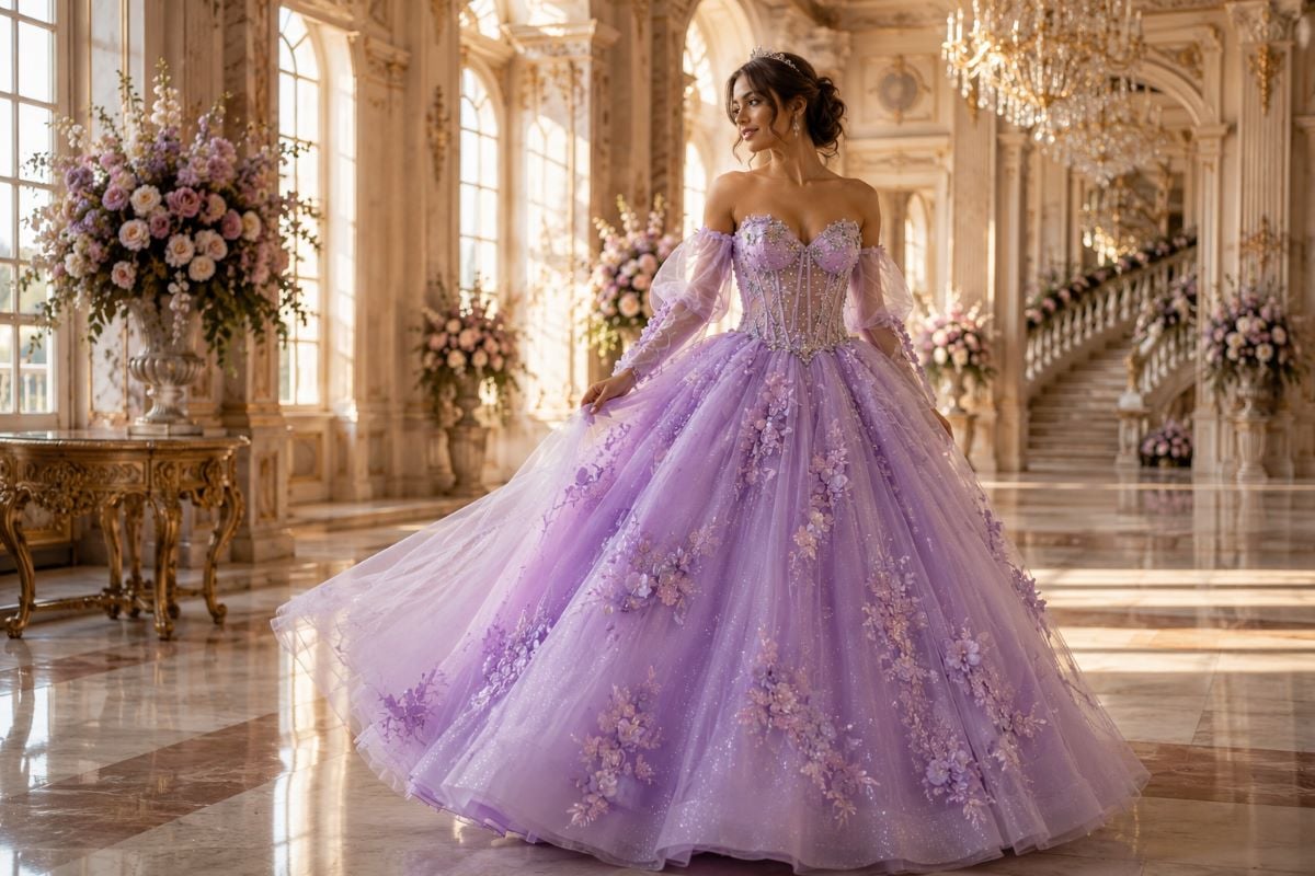Lavender quinceañera ball gown editorial look