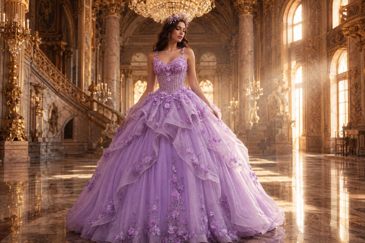 Lavender quinceañera gown in palace sunlight scene