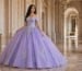Lavender quinceañera ball gown with floral appliqué and voluminous tulle skirt