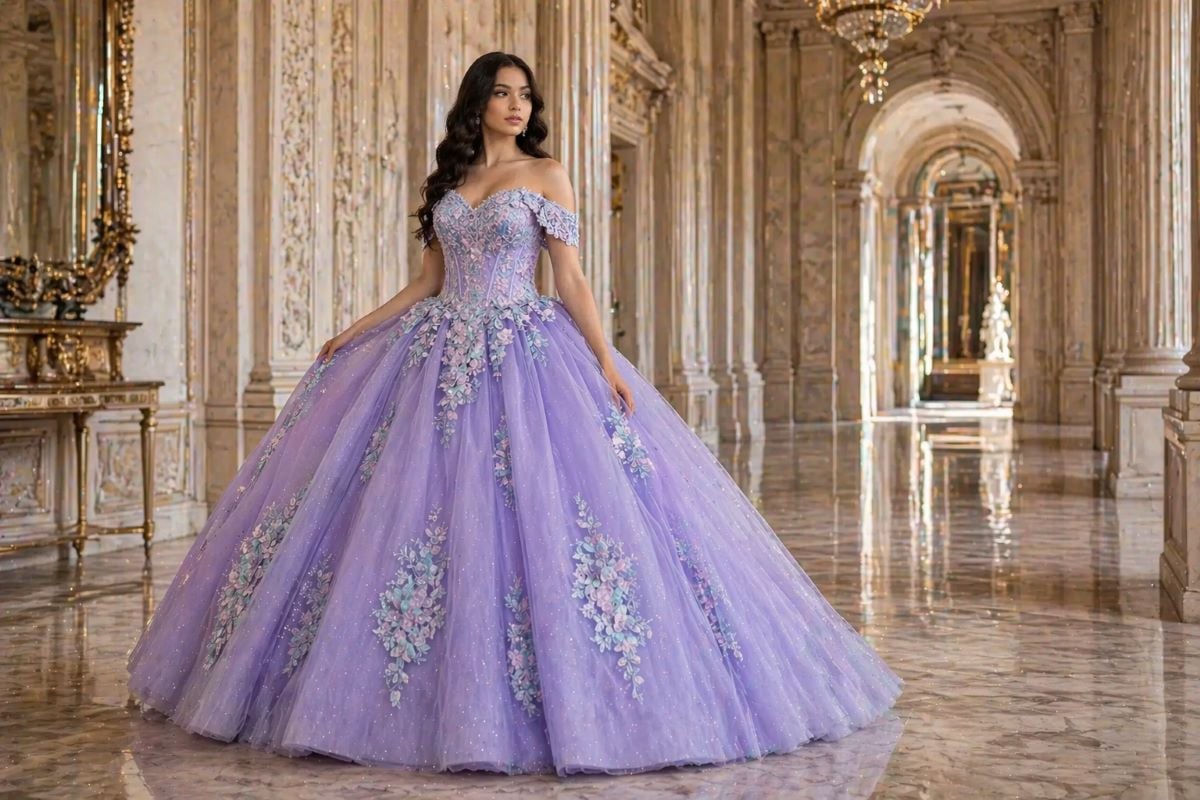 Lavender quinceañera ball gown with floral appliqué and voluminous tulle skirt