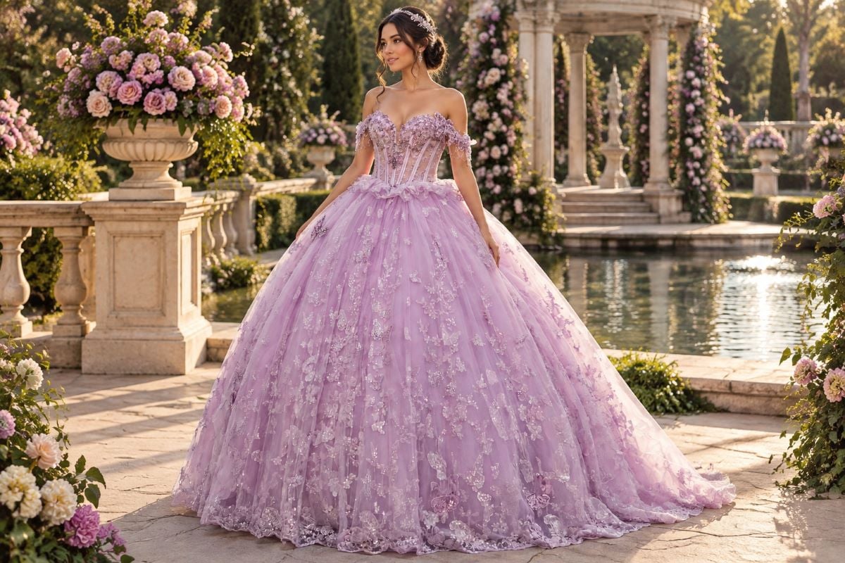 Lavender quinceanera gown garden editorial