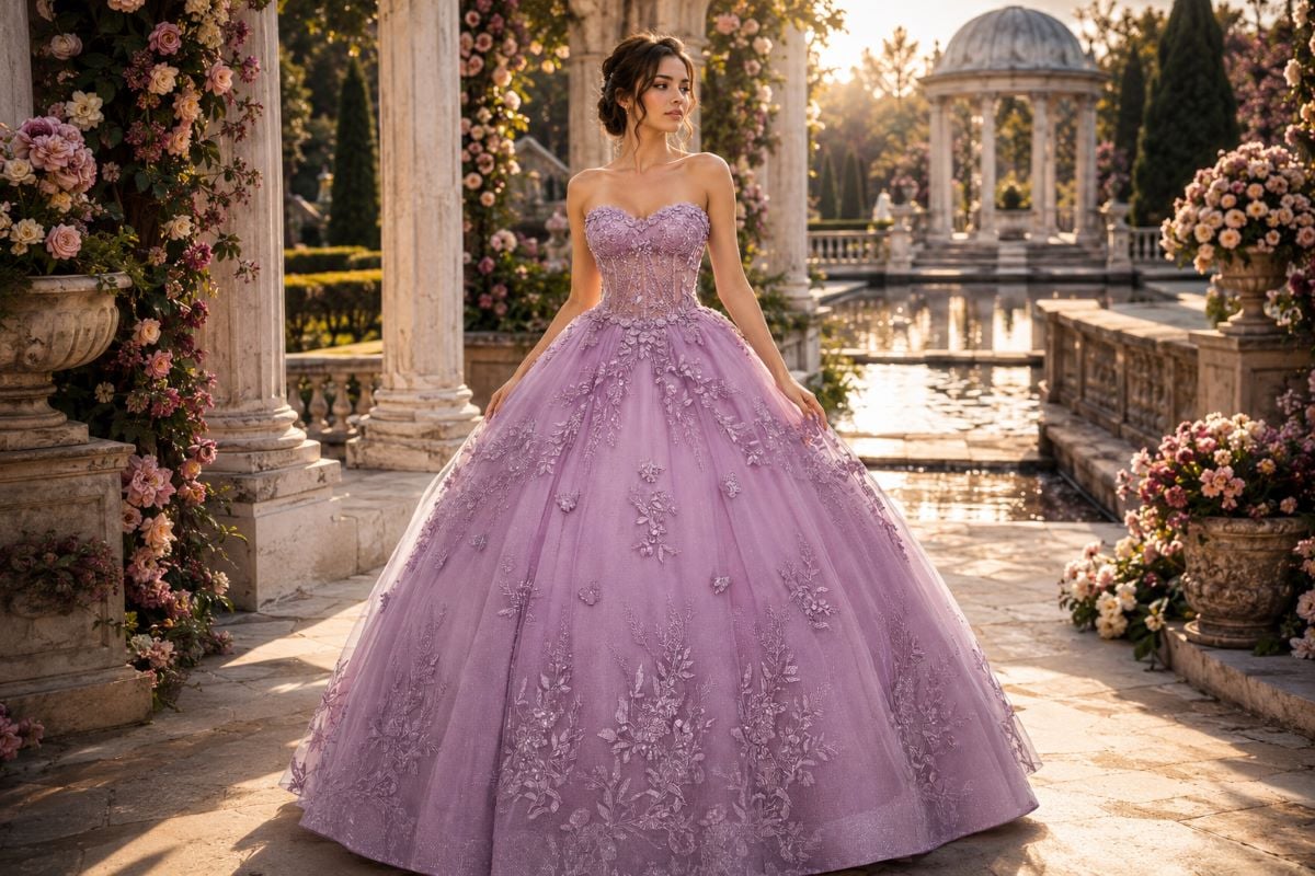 Lavender quinceañera gown in royal garden
