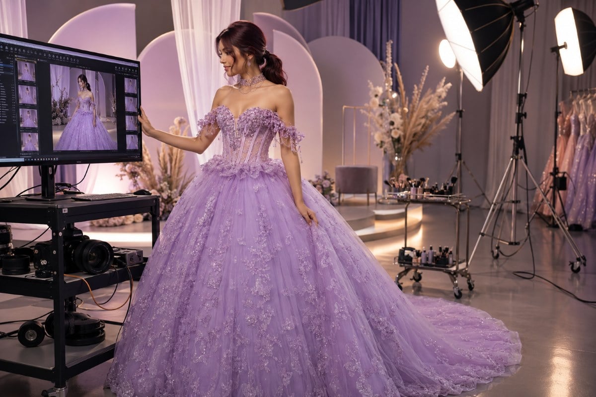 Lavender quinceanera gown under studio lighting