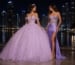 Lavender quinceañera gown beside fitted lavender prom dress