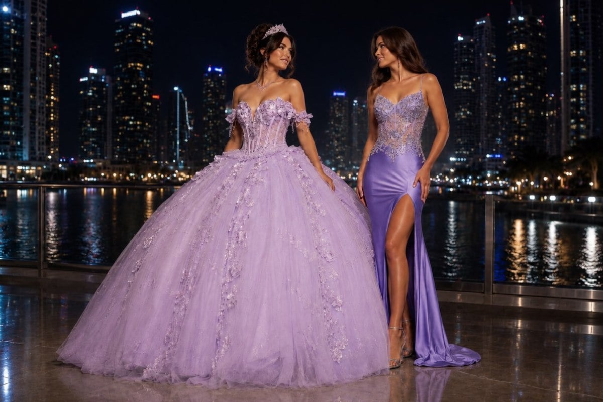 Lavender quinceañera gown beside fitted lavender prom dress