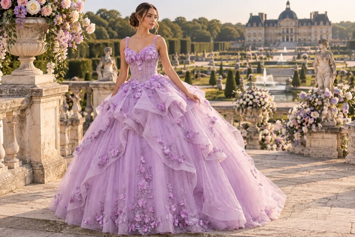 Lavender royal quinceanera gown fairytale garden