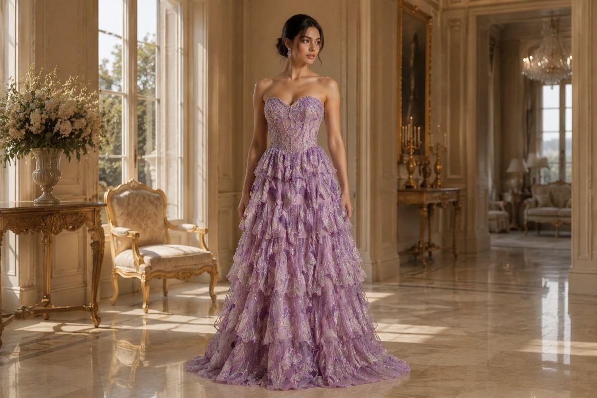Lavender strapless layered gown