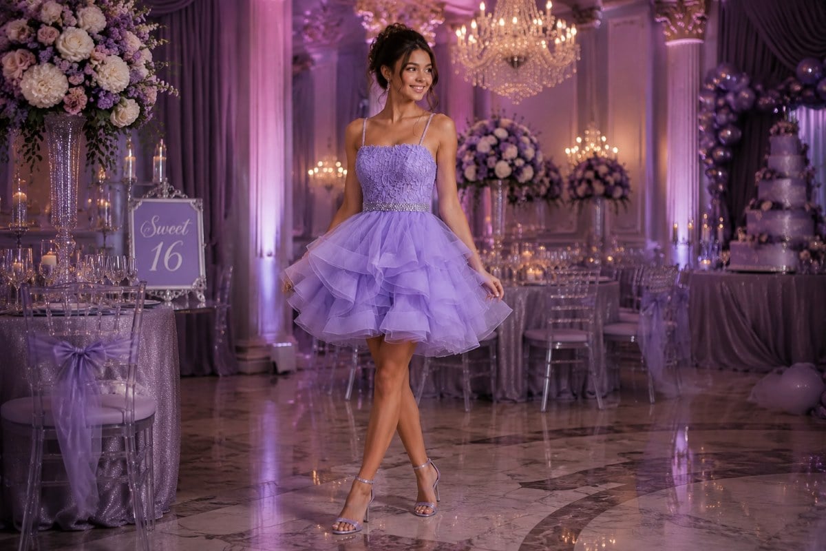 Lavender Sweet 16 mini ball gown editorial