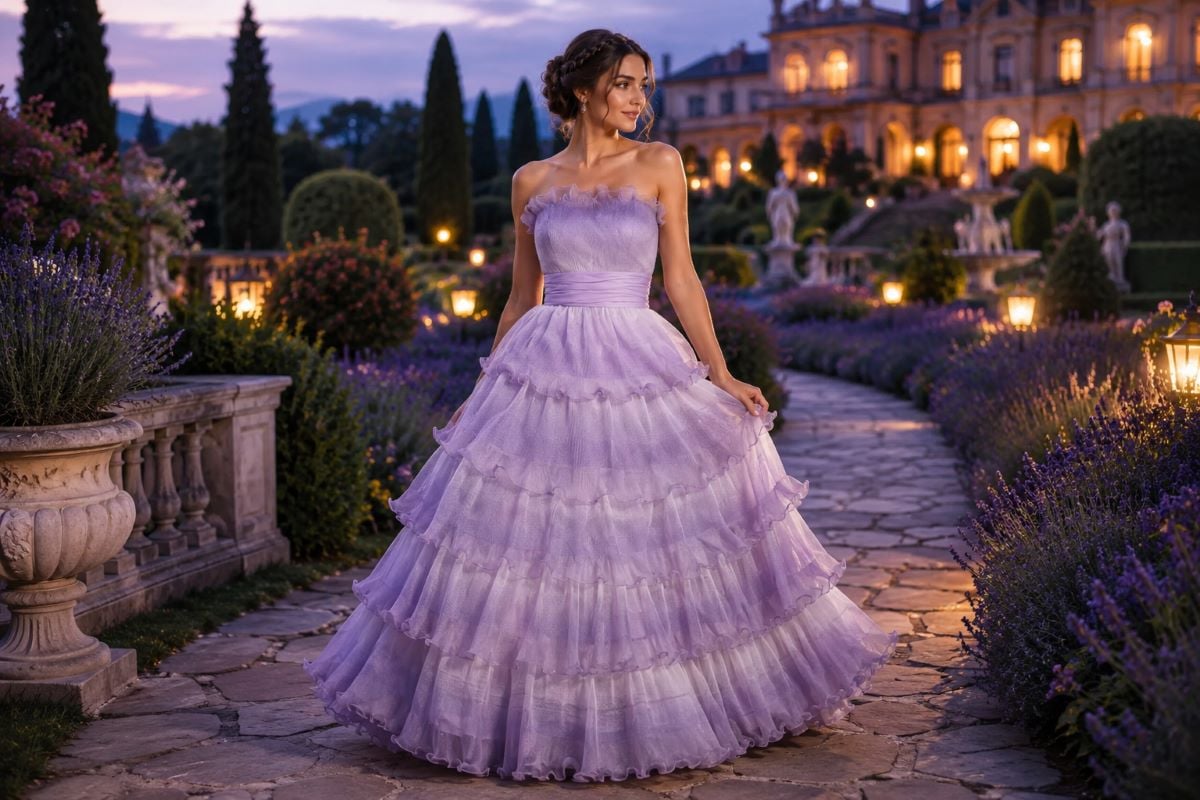Lavender tiered organza ball gown