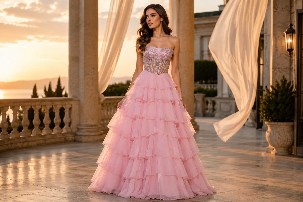 Layered A-line gown with soft formal waves