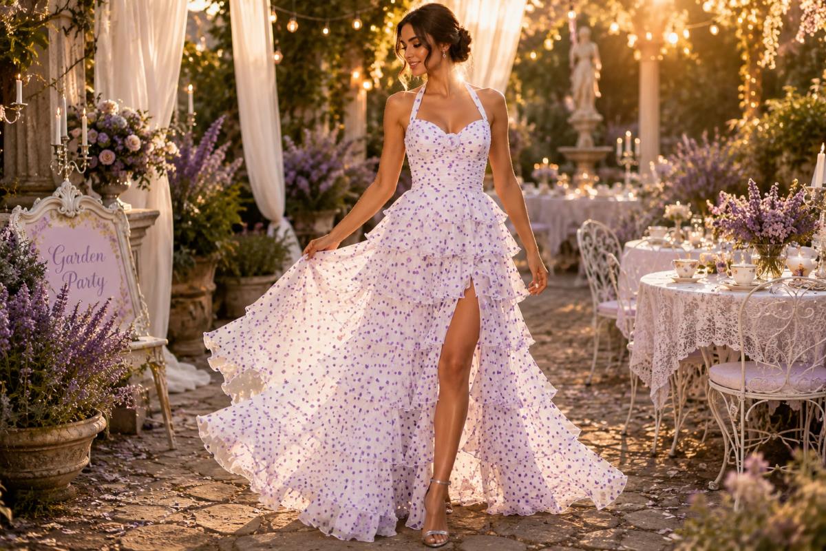 Layered chiffon prom dress at garden party