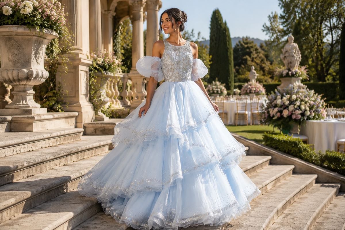 Layered light blue Sweet 16 gown movement