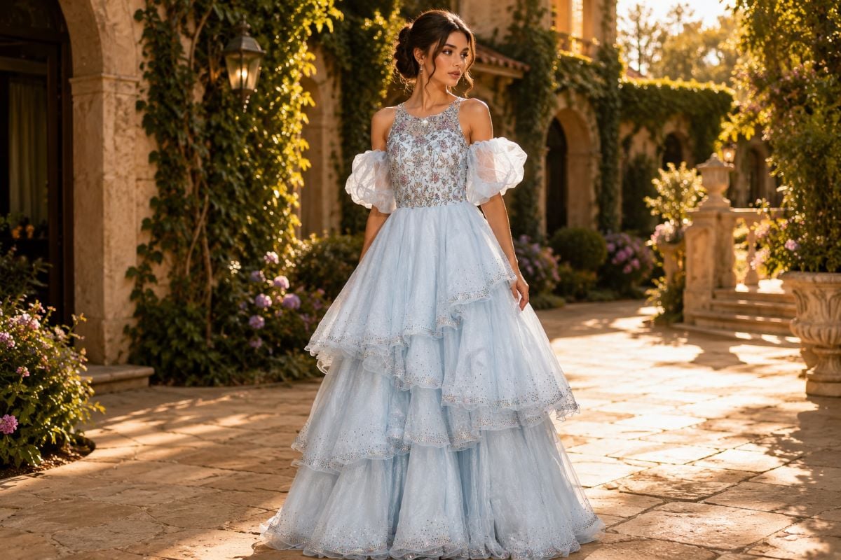 Layered prom gown with soft glamorous hairstyle