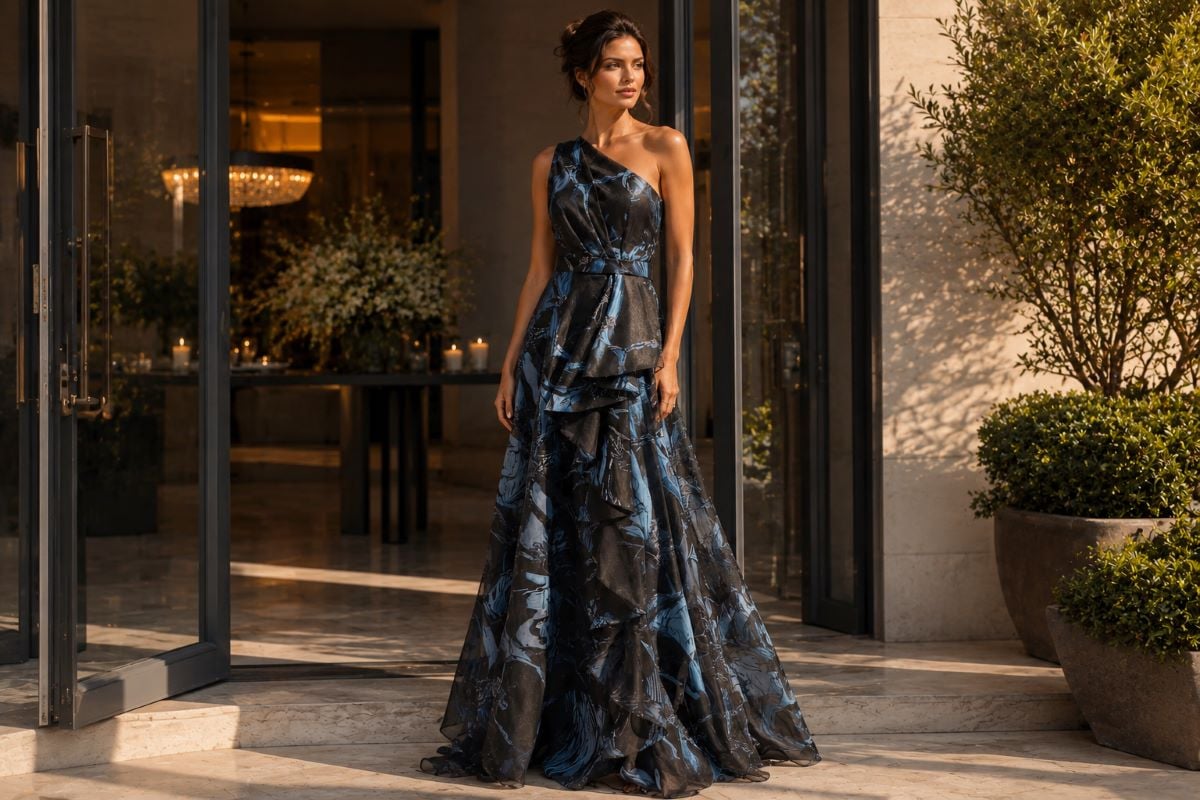 Layered reception gown with flowing movement