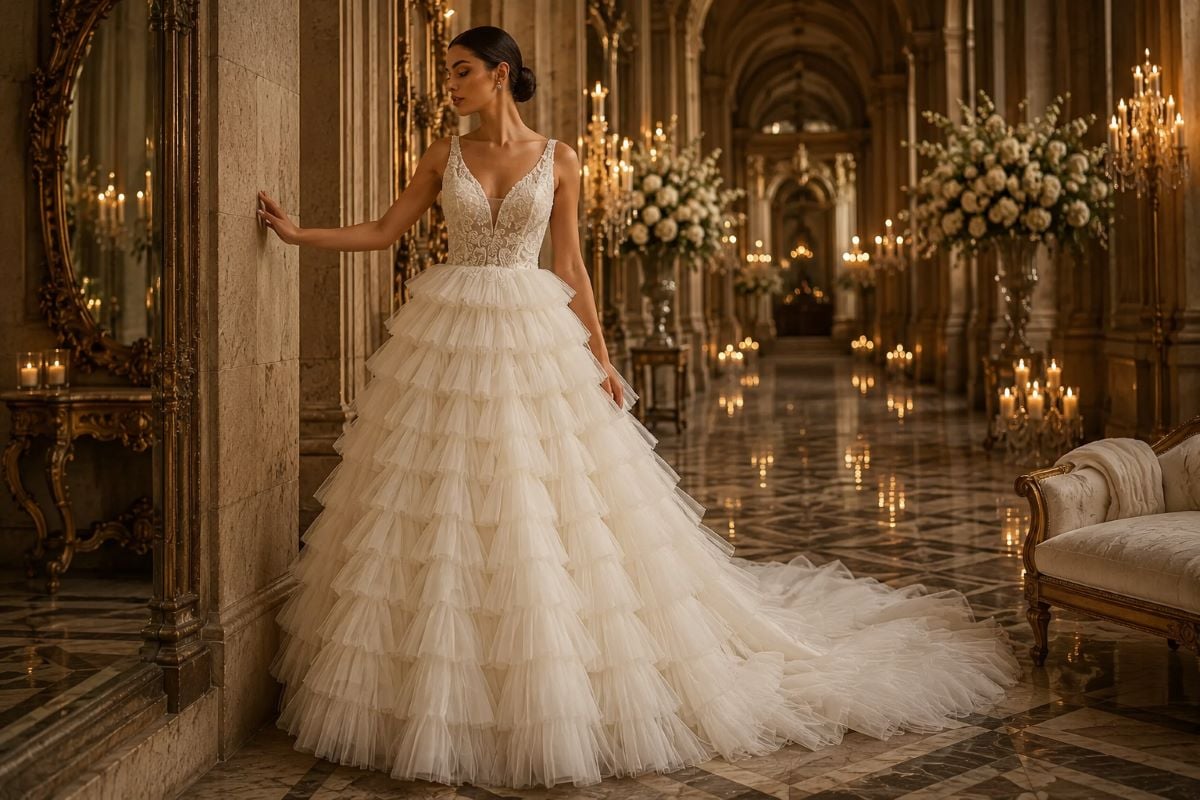 Layered tulle ball gown wedding dress