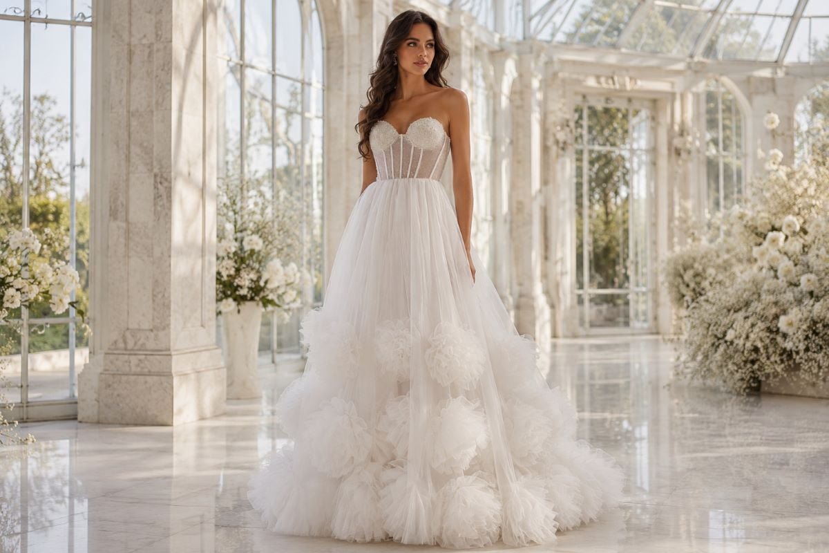 Layered tulle bridal gown with corset bodice
