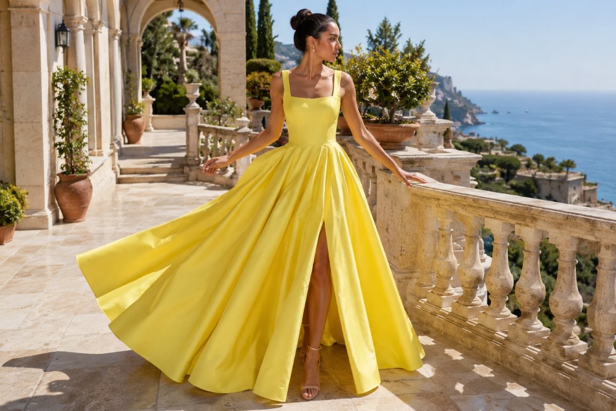 Lemon taffeta gown coastal fashion editorial