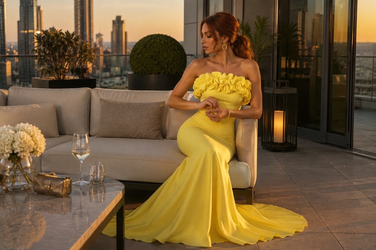 Lemon yellow mermaid gown with luxury styling