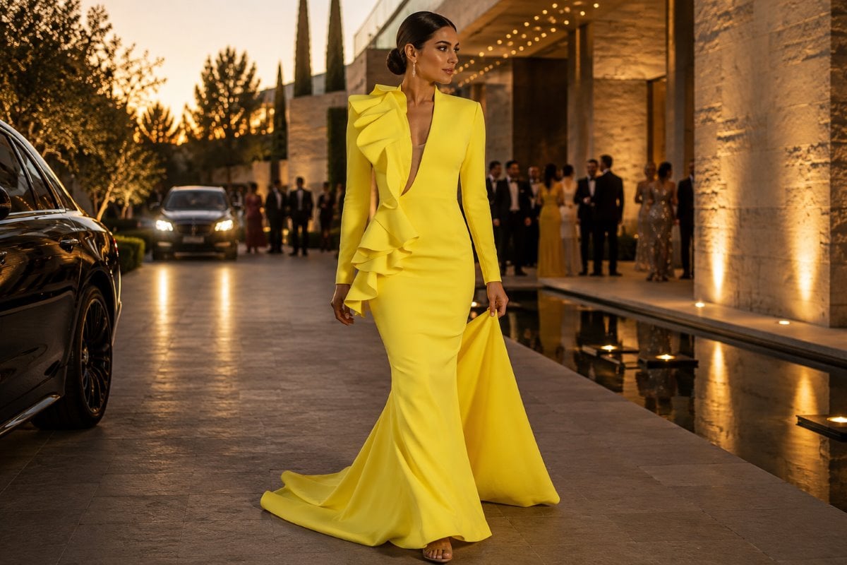 Lemon yellow mermaid gown at luxury gala