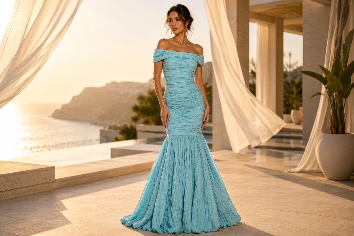 Light aqua off shoulder mermaid gown