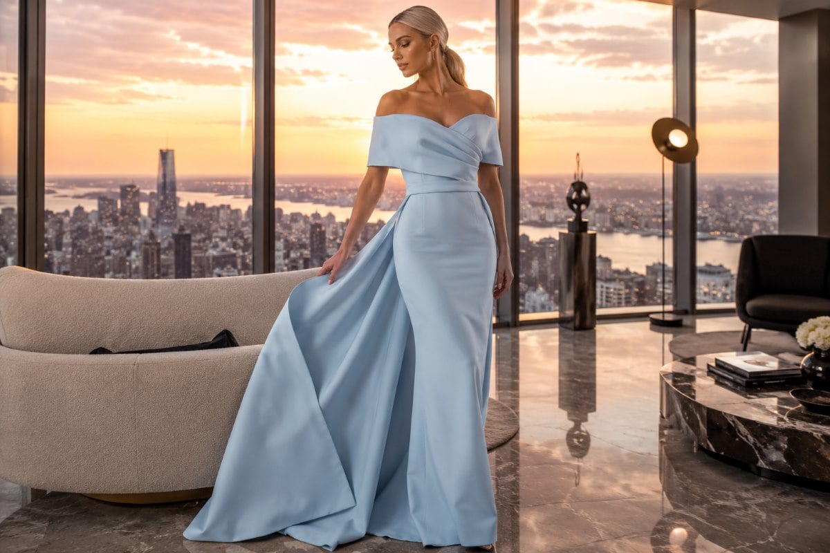 Royal blue gown showcasing elegant evening train