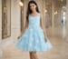 Light blue girls formal tulle dress with floral appliqué