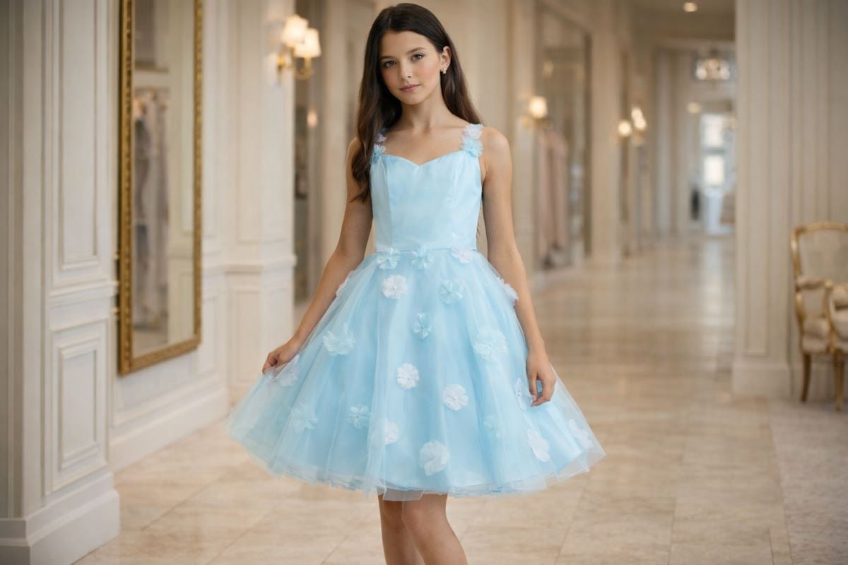 Light blue girls formal tulle dress with floral appliqué