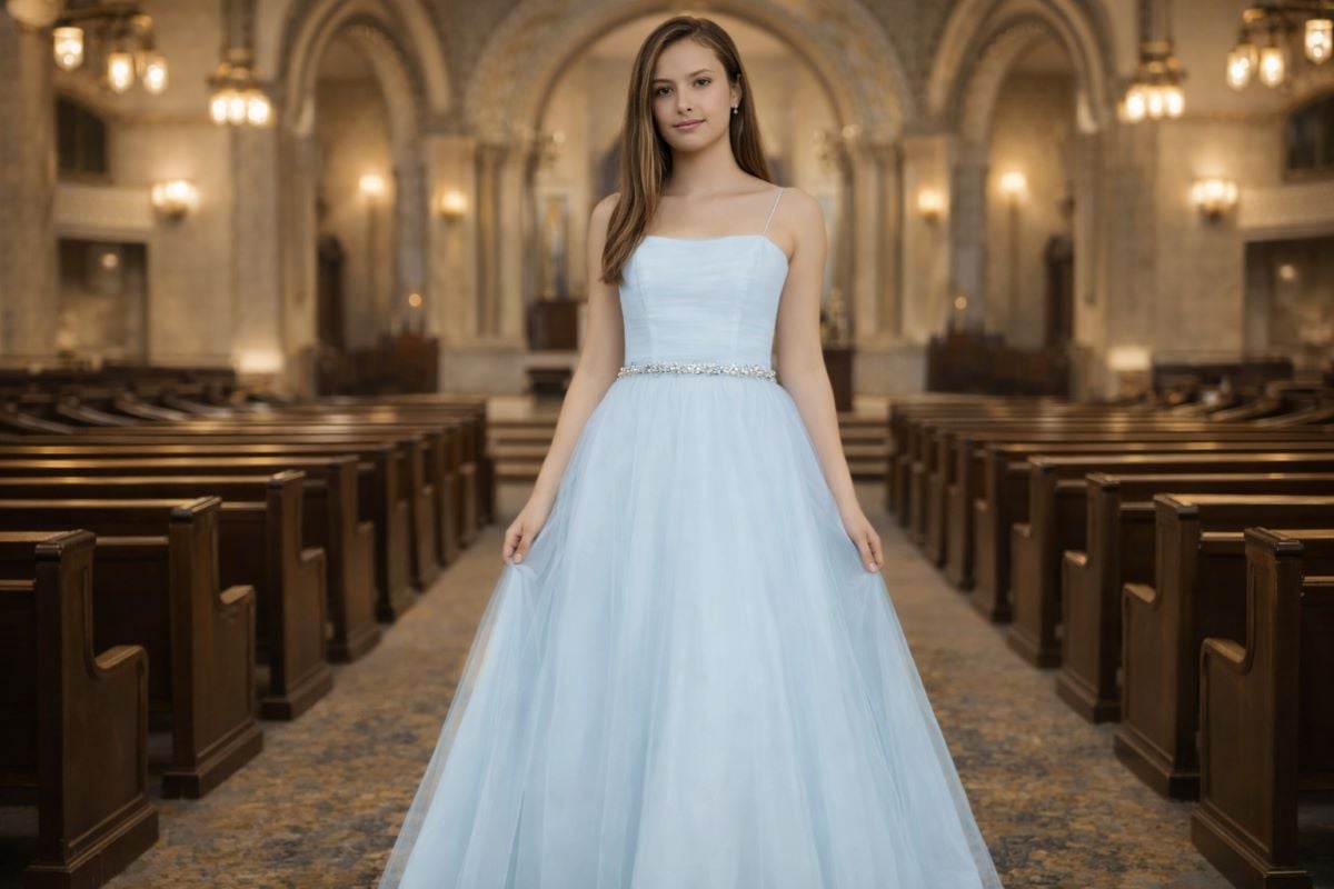 Light blue modest tulle A-line dress