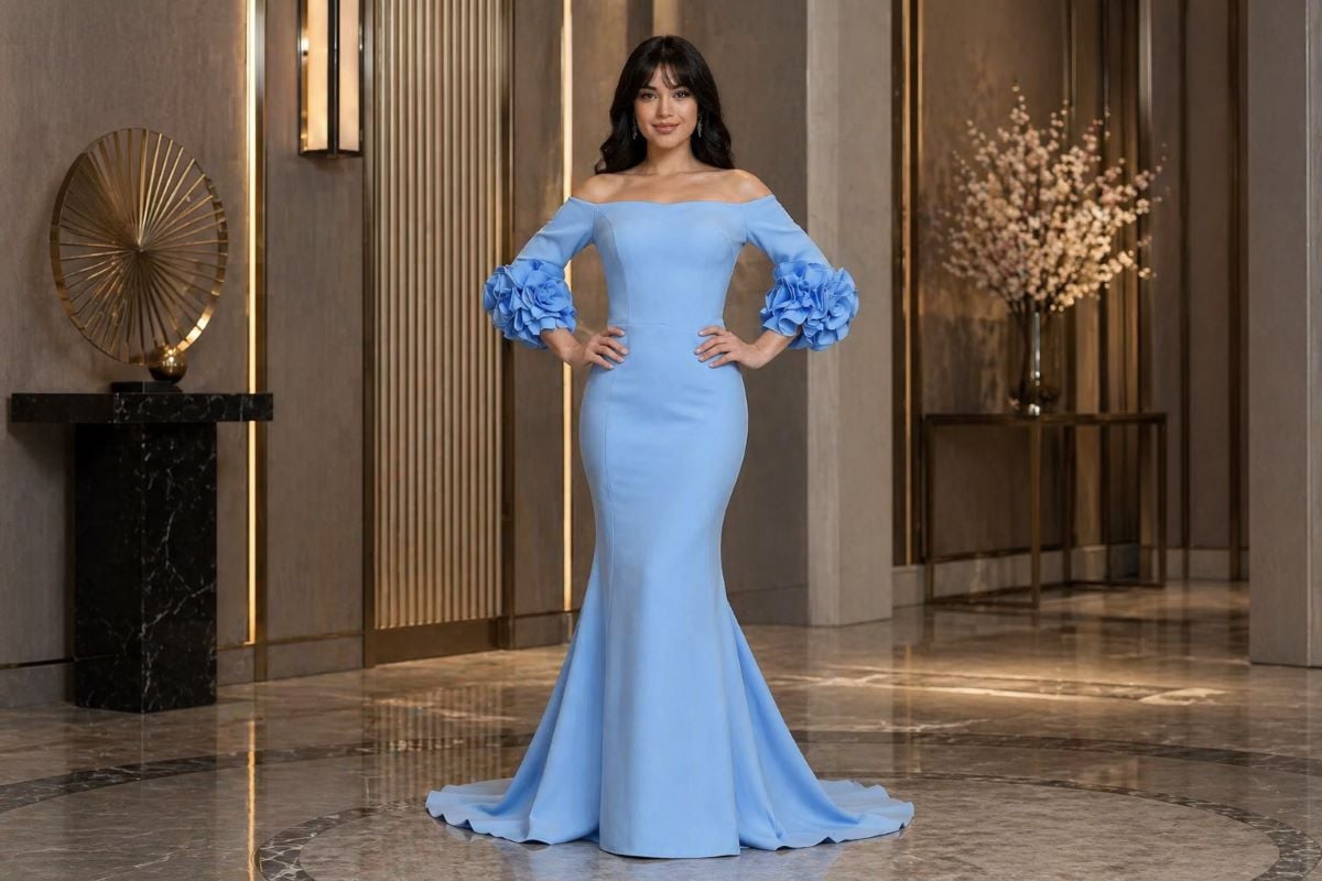 Light blue off-shoulder mermaid gown with voluminous floral sleeves