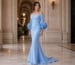 light blue off shoulder mermaid gown with ruffle sleeves