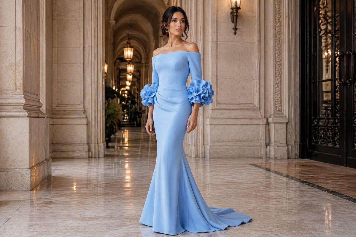 light blue off shoulder mermaid gown with ruffle sleeves