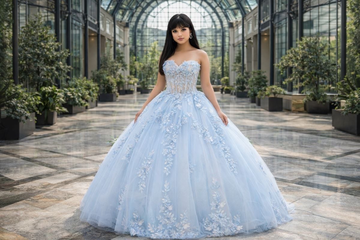 light blue quinceanera ball gown strapless floral tulle