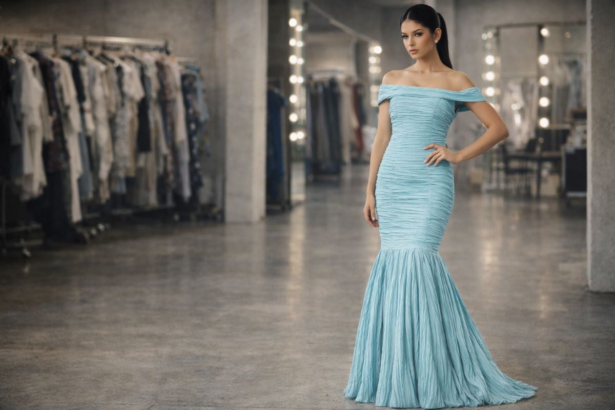 Light blue off shoulder mermaid evening gown ruched fabric